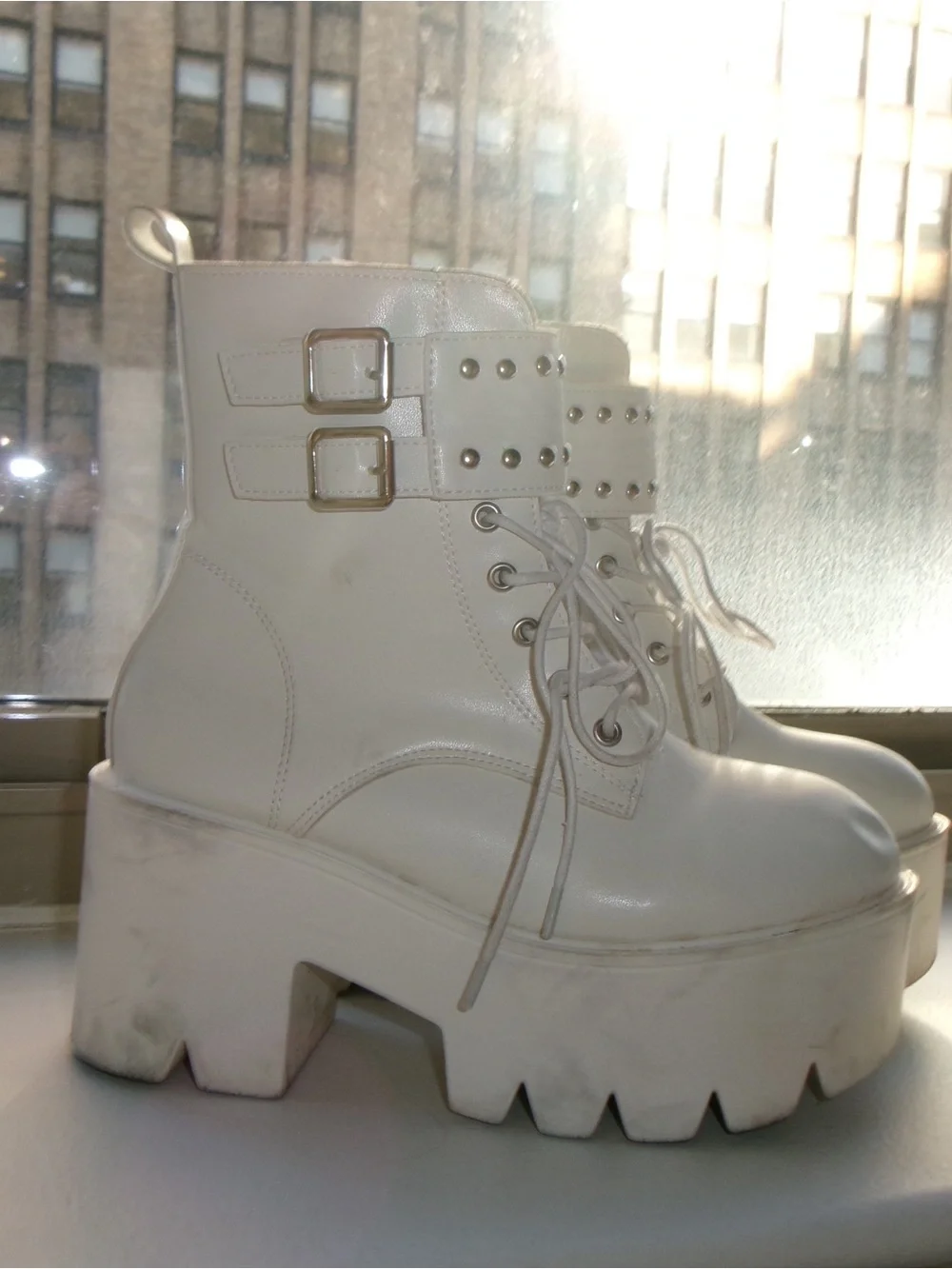 White Platform Lace-Up Ankle Boots with Buckle Detail
